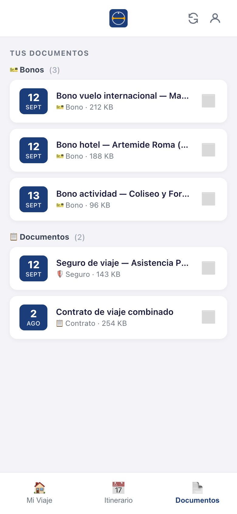 App del viajero de TravelDesk: bonos y documentos
