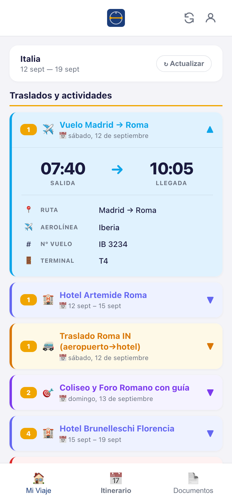 App del viajero de TravelDesk: itinerario día a día en el móvil