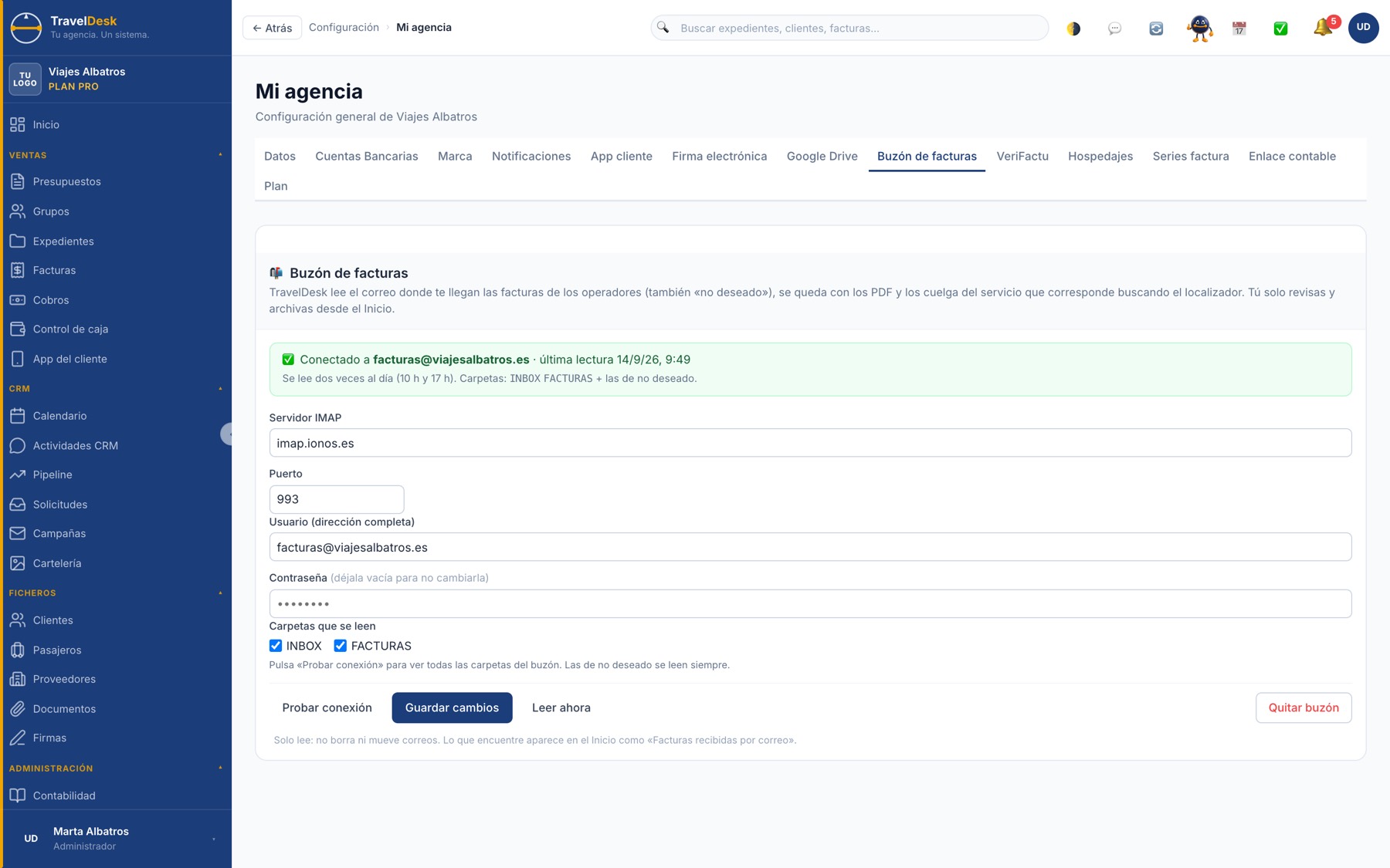 Configuración del buzón de facturas por IMAP en TravelDesk