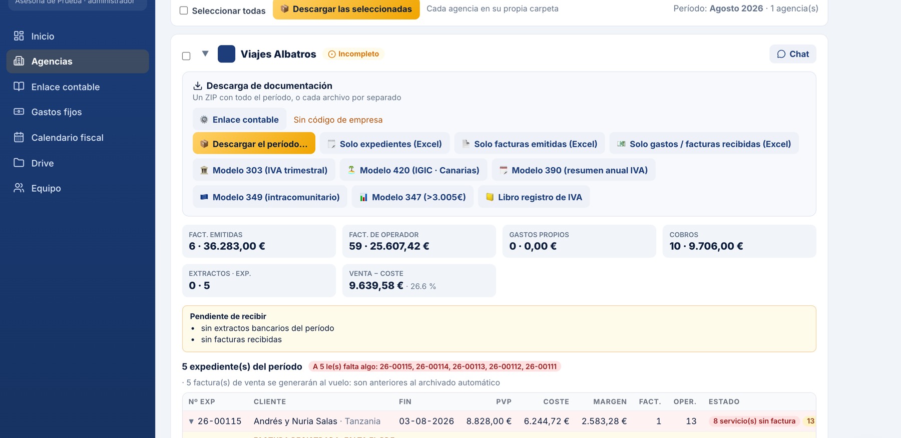 Portal de la asesoría en TravelDesk: ficha de una agencia con la descarga del período, los modelos y lo que falta en cada expediente