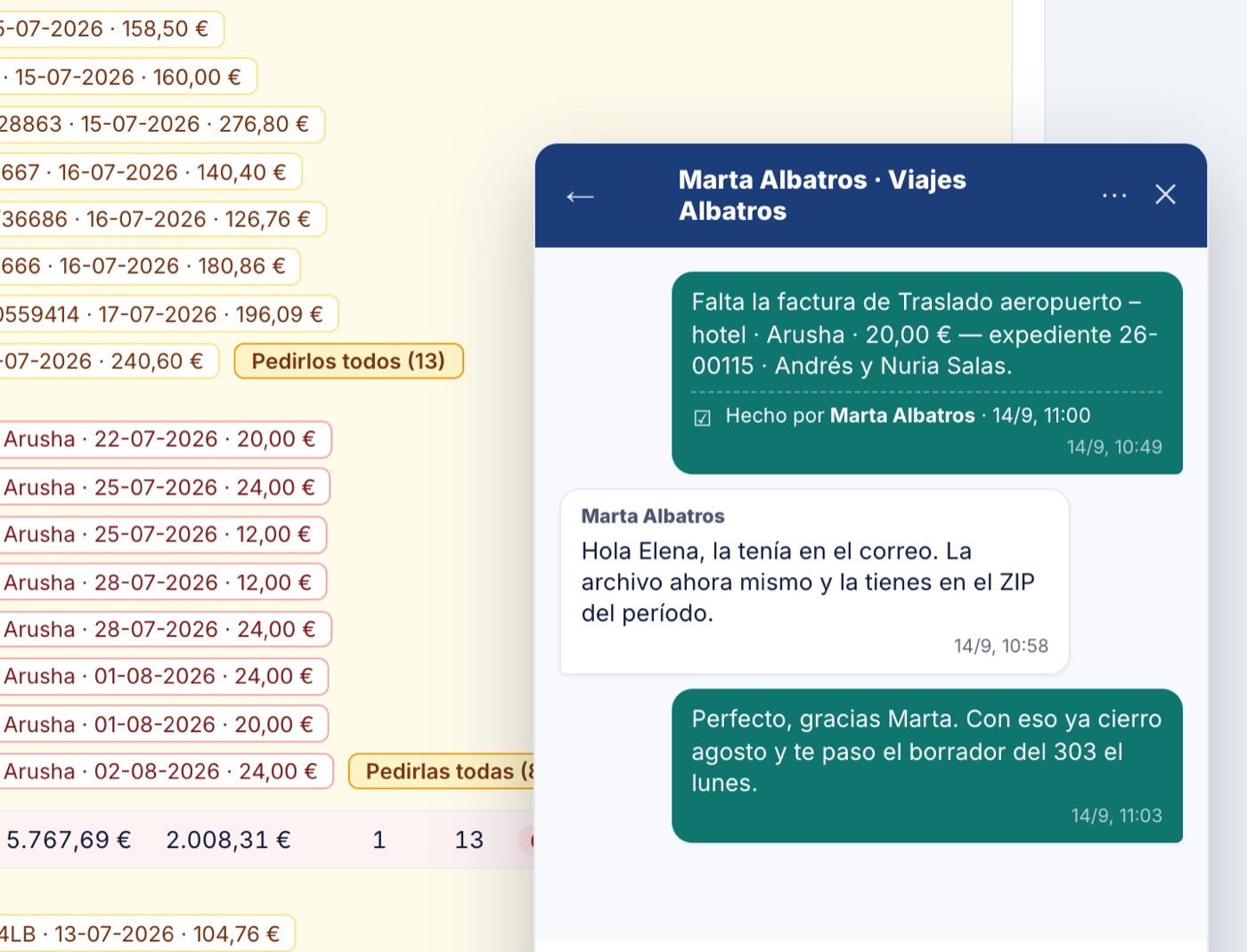 Chat entre la asesoría y la agencia dentro de TravelDesk, con una tarea pedida y marcada como hecha