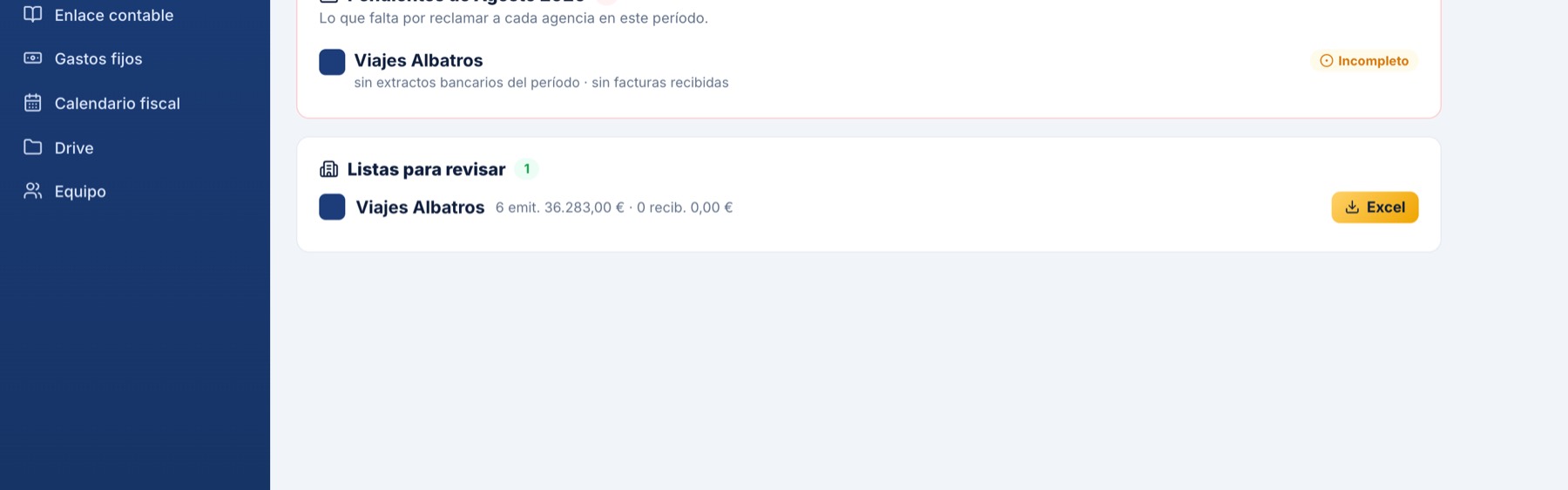 Inicio del portal de la asesoría: agencias con pendientes y agencias listas para revisar