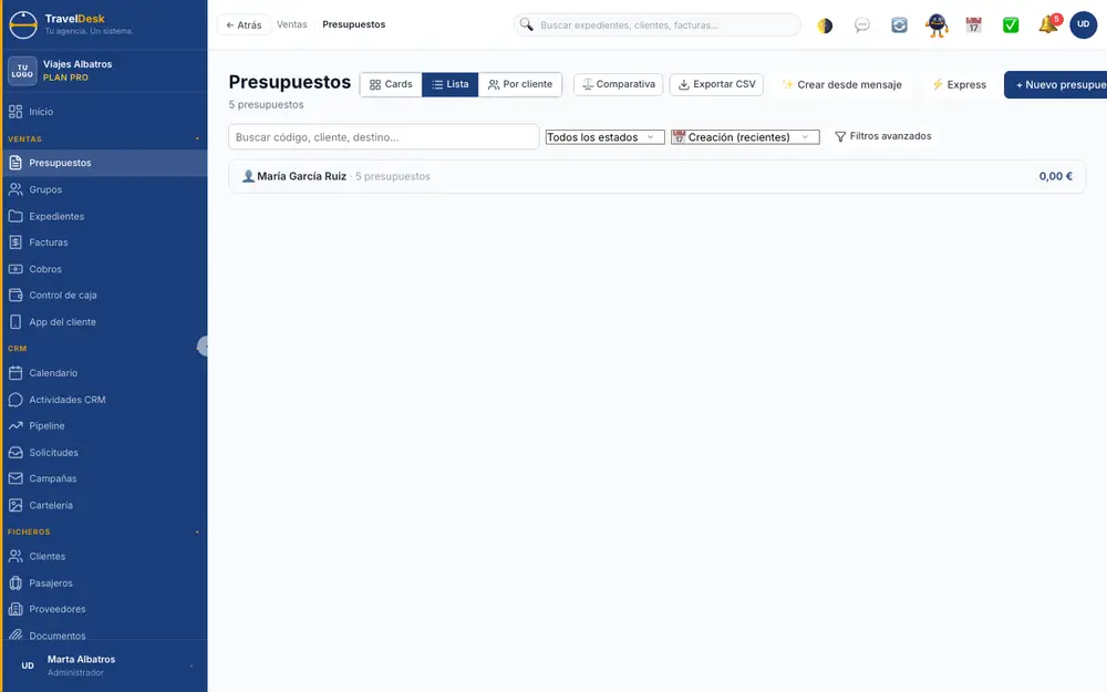Animación: creación de un presupuesto en TravelDesk añadiendo vuelo, hoteles y actividad, y aplicando el margen