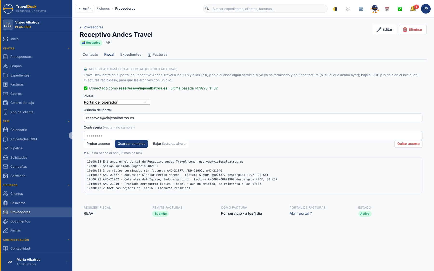 Ficha de proveedor con el bot de facturas activado y el registro de lo que ha hecho